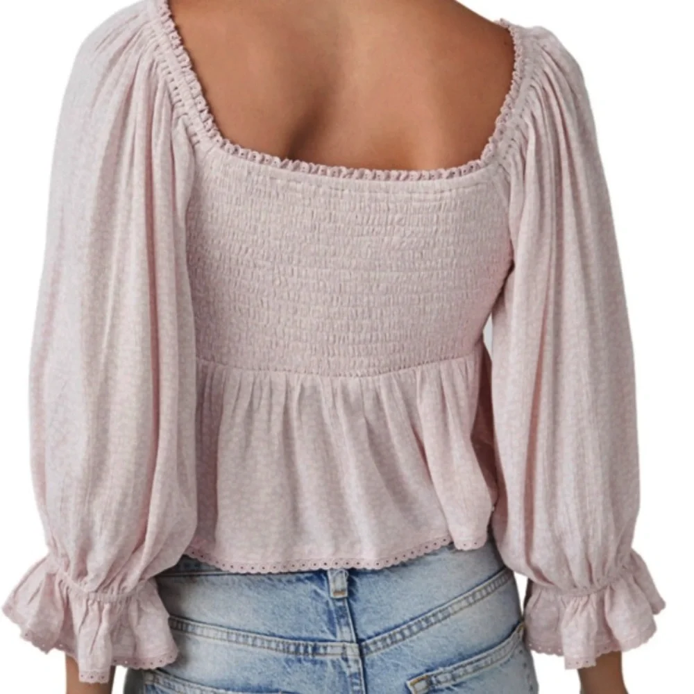 FREE PEOPLE BRITNEE SMOCKED FLORAL TOP LARGE PINK